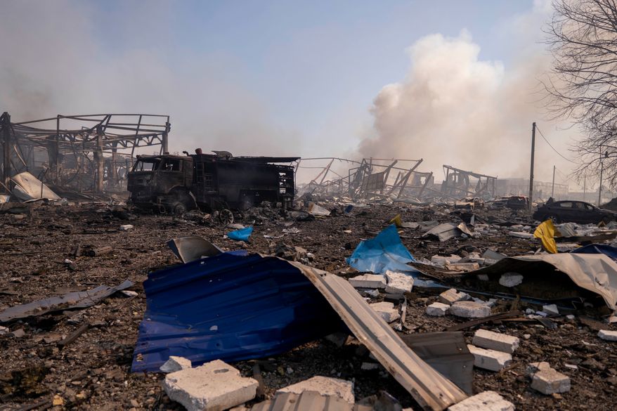 A view of the damage after a Russian attack struck a warehouse, followed by an explosion, in the village of Myla, Kyiv region, Ukraine, Saturday, Aug. 29, 2026. (AP Photo/Dan Bashakov)