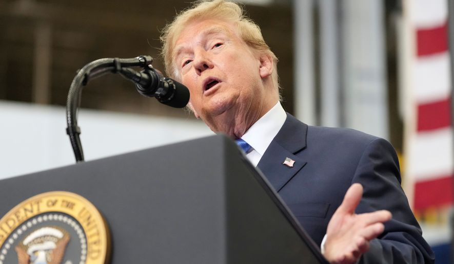 President Donald Trump speaks during an event to present the Congressional Space Medal of Honor to Artemis II crew members, Friday, Aug. 28, 2026, at Johnson Space Center in Houston. (AP Photo/Mark Schiefelbein)