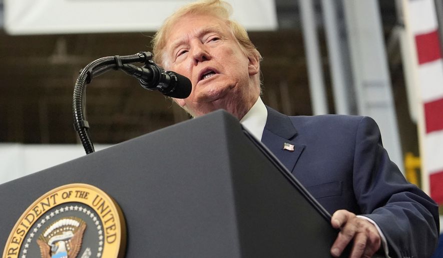 President Donald Trump speaks during an event to present the Congressional Space Medal of Honor to Artemis II crew members, Friday, Aug. 28, 2026, at Johnson Space Center in Houston. (AP Photo/Mark Schiefelbein)