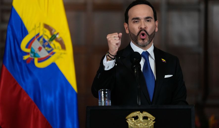 Colombia's President Abelardo De la Espriella announces a joint effort with Bogota's Mayor Carlos Fernando Galan to strengthen security in the Colombian capital through increased police presence, intelligence, technology, and urban capabilities in Bogota, Tuesday, Aug. 25, 2026. (AP Photo/Fernando Vergara)