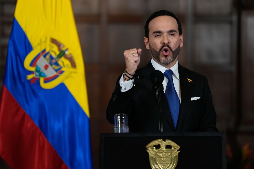 Colombia's President Abelardo De la Espriella announces a joint effort with Bogota's Mayor Carlos Fernando Galan to strengthen security in the Colombian capital through increased police presence, intelligence, technology, and urban capabilities in Bogota, Tuesday, Aug. 25, 2026. (AP Photo/Fernando Vergara)