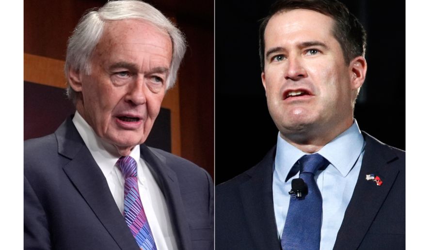 In this combination photo, Sen. Ed Markey, D-Mass., speaks during a news conference at the Capitol in Washington, March 27, 2025, left, and Rep. Seth Moulton, D-Mass., speaks during a candidate forum, Aug. 3, 2019, in Las Vegas. (AP Photo)