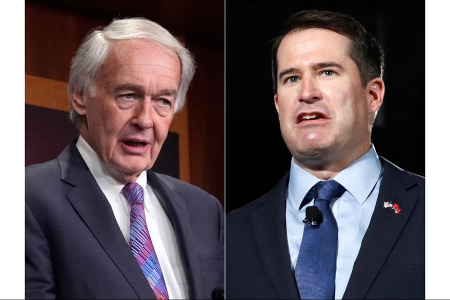 In this combination photo, Sen. Ed Markey, D-Mass., speaks during a news conference at the Capitol in Washington, March 27, 2025, left, and Rep. Seth Moulton, D-Mass., speaks during a candidate forum, Aug. 3, 2019, in Las Vegas. (AP Photo)