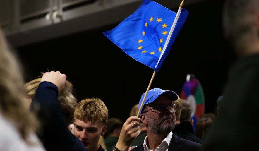 A supporter waves a European Union flag during an election-night gathering for the yes in Reykjavik, Iceland, Sunday, Aug. 30, 2026. (AP Photo/Marco Di Marco)