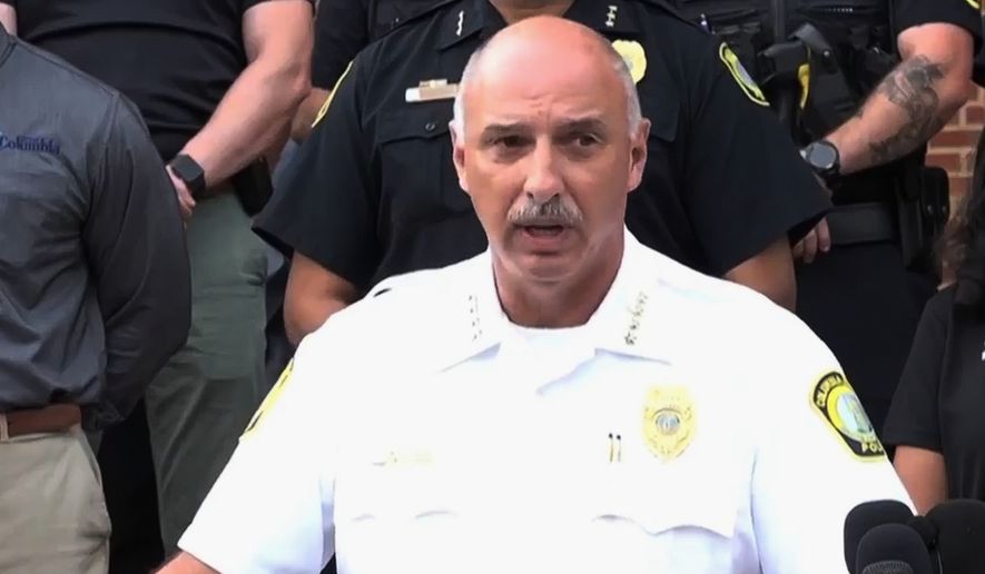 In this image made from video provided by WLTX News19, Columbia police Chief W.H. “Skip” Holbrook speaks during a news conference about a shooting that killed one of the department’s officers and injured at least one other, in Columbia, S.C., Saturday, Aug. 29, 2026. (WLTX via AP)
