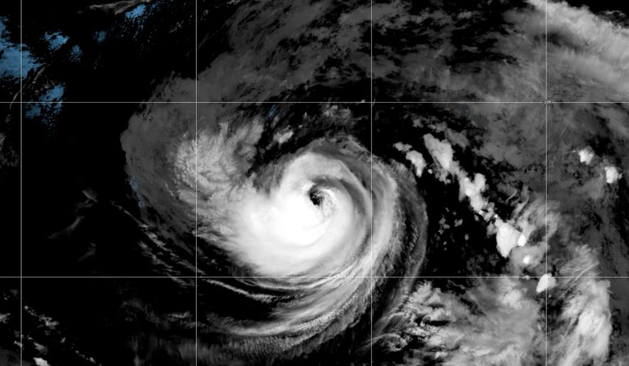 This satellite image released by NOAA shows Hurricane Karina strengthening off the southern tip of Baja California on Sunday, Aug. 30, 2026. (NOAA via AP)