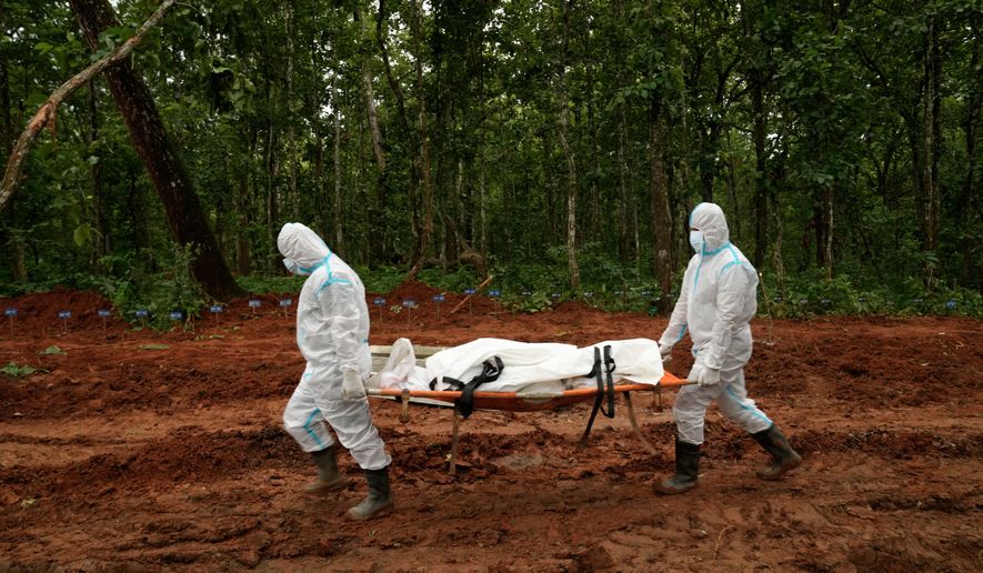 Nepal's paramilitary force personnel carry the body of a flash flood victim for burial at a mass burial site in Chitwan, Nepal, Monday, Aug. 31, 2026. (AP Photo/Dar Yasin)