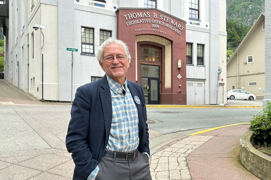 Democratic gubernatorial candidate Tom Begich poses for a photo in downtown Juneau, Alaska, June 17, 2026. (AP Photo/Becky Bohrer, File)