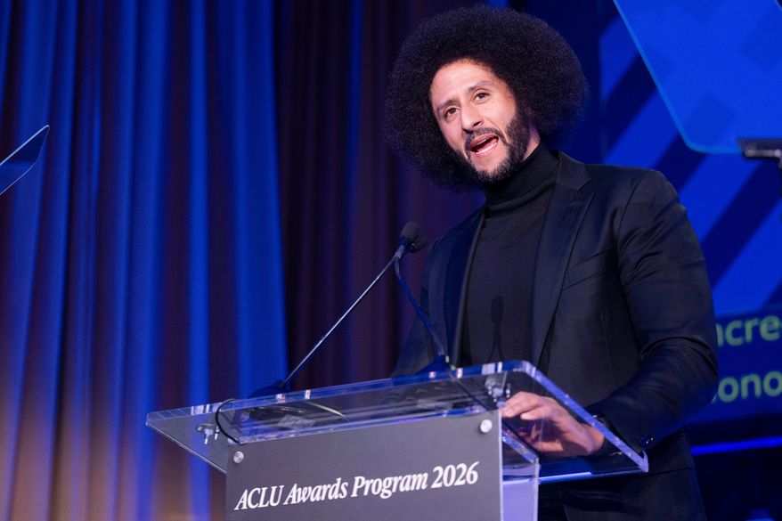 Colin Kaepernick speaks after receiving the ACLU Ralph Ellison Award for Defenders of Civil Rights and Civil Liberties in the Arts, Business, Science, and Sports at the ACLU's 2026 Biennial Leadership Conference, Friday, July 24, 2026, in Washington. (AP Photo/Kevin Wolf, File)