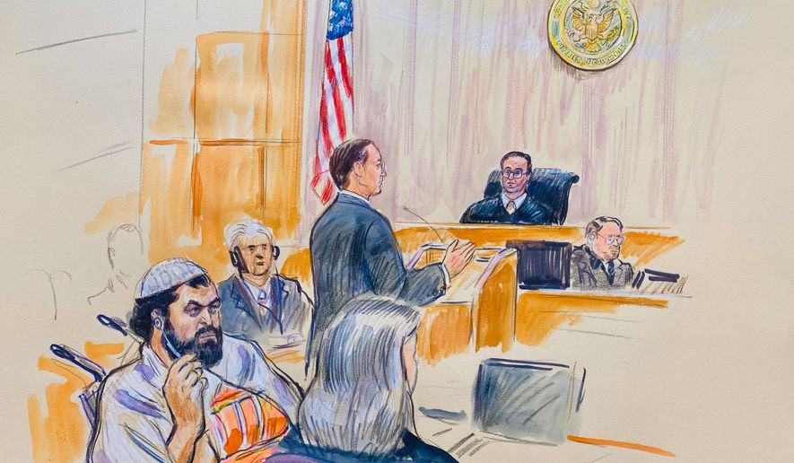 This courtroom sketch depicts Rahmanullah Lakanwal, 29, seated left, with defense attorney Michelle Peterson, seated foreground, before U.S. District Judge Amit Mehta, Feb. 4, 2025 at Federal Court in Washington, as Assistant U.S. Attorney Christopher Tortorice speaks at the podium. (Dana Verkouteren via AP)