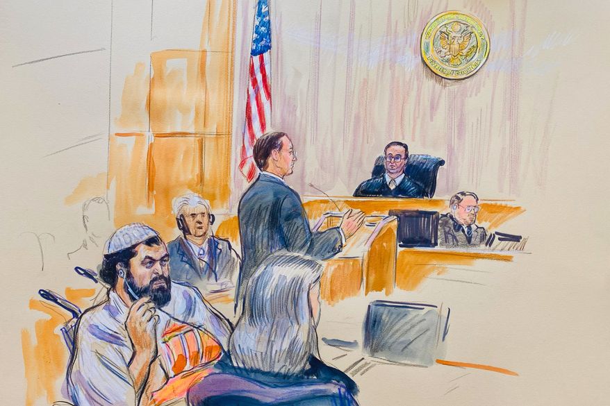 This courtroom sketch depicts Rahmanullah Lakanwal, 29, seated left, with defense attorney Michelle Peterson, seated foreground, before U.S. District Judge Amit Mehta, Feb. 4, 2025 at Federal Court in Washington, as Assistant U.S. Attorney Christopher Tortorice speaks at the podium. (Dana Verkouteren via AP)