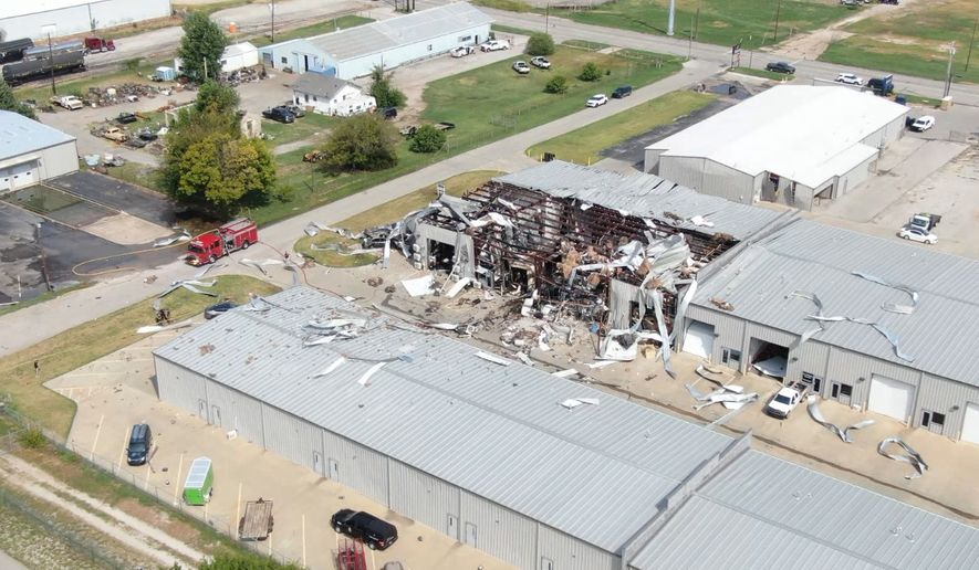 In this image taken from video provided by KFOR, authorities work the scene of a building explosion in Sand Springs, Okla., Thursday, Aug. 27, 2026. (KFOR via AP)