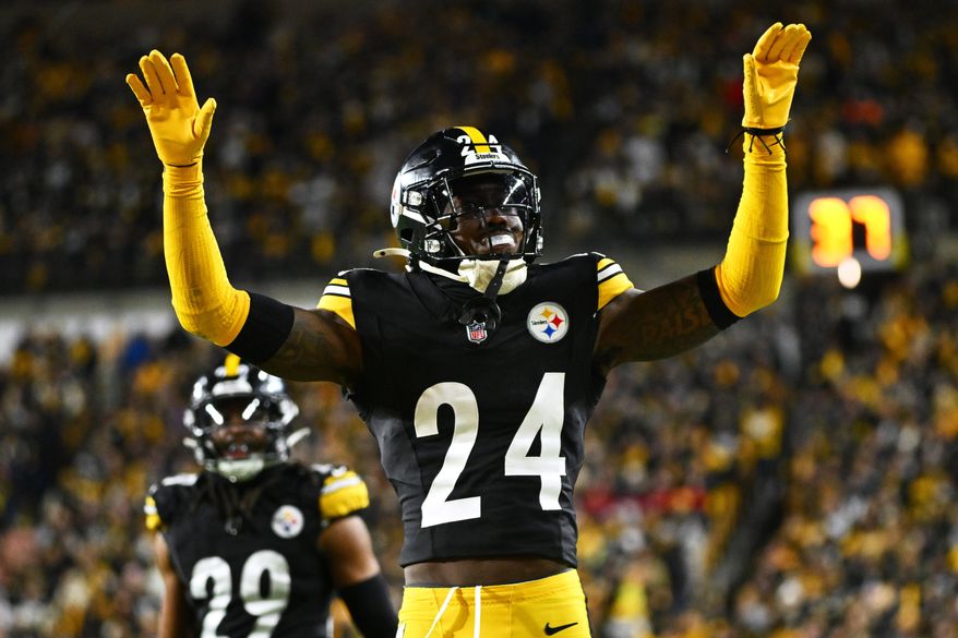 FILE - Pittsburgh Steelers cornerback Joey Porter Jr. reacts after a stop during the second half of an NFL wild-card playoff football game against the Houston Texans, Jan. 12, 2026, in Pittsburgh. (AP Photo/Justin Berl, File)