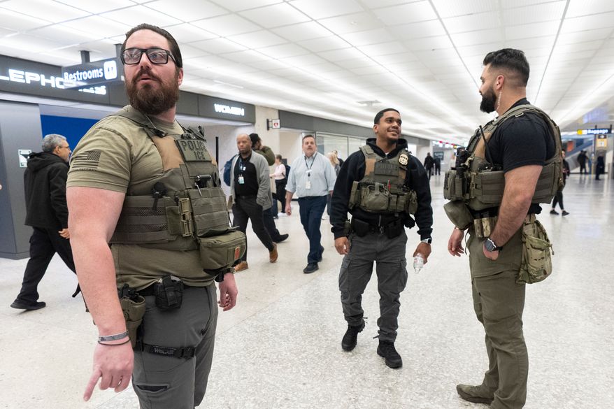U.S. Immigration and Customs Enforcement (ICE) agents patrol around the Washington Dulles International Airport in Chantilly, Va., on Tuesday, March 24, 2026. (AP Photo/Manuel Balce) **FILE**