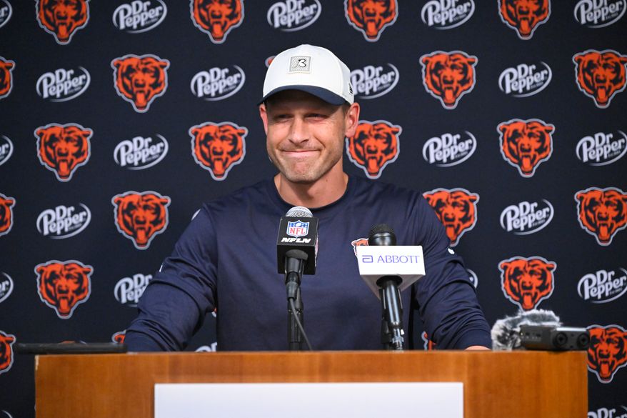Chicago Bears head coach Ben Johnson talks to reporters following a preseason NFL football game against the Tennessee Titans, Saturday, Aug. 29, 2026, in Nashville, Tenn. (AP Photo/John Amis)