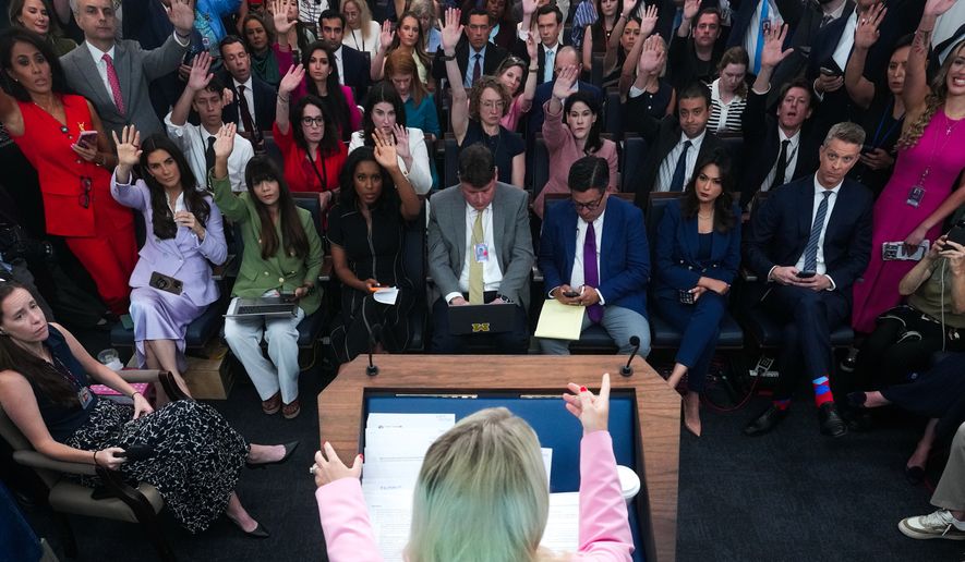 FILE - White House press secretary Karoline Leavitt speaks with reporters in the James Brady Press Briefing Room at the White House, July 16, 2026, in Washington. (AP Photo/Julia Demaree Nikhinson, File)