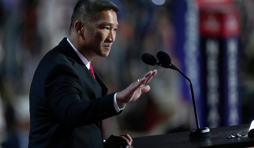 FILE - Hung Cao speaks during the Republican National Convention, July 16, 2024, in Milwaukee. (AP Photo/Matt Rourke, file)