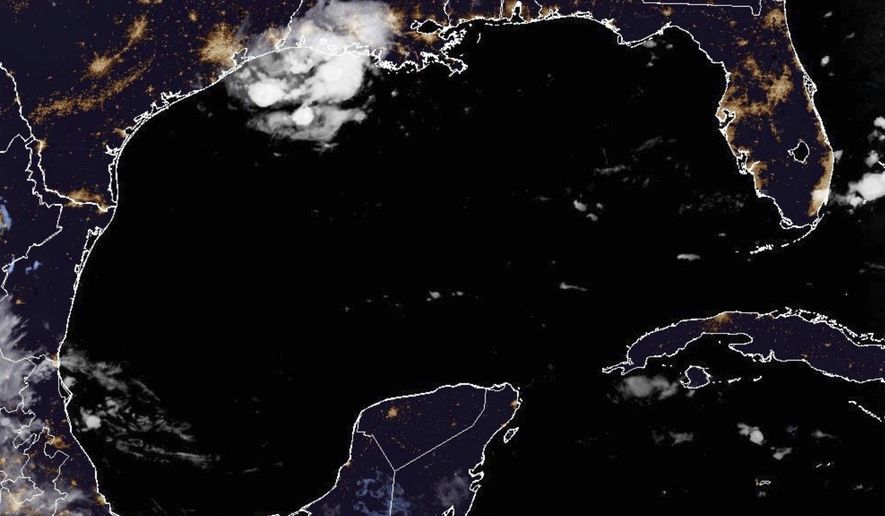 This satellite image from the National Oceanic and Atmospheric Administration taken shows Tropical Storm Edouard heading toward the Gulf Coast, Tuesday, Sept. 1, 2026. (NOAA via AP)