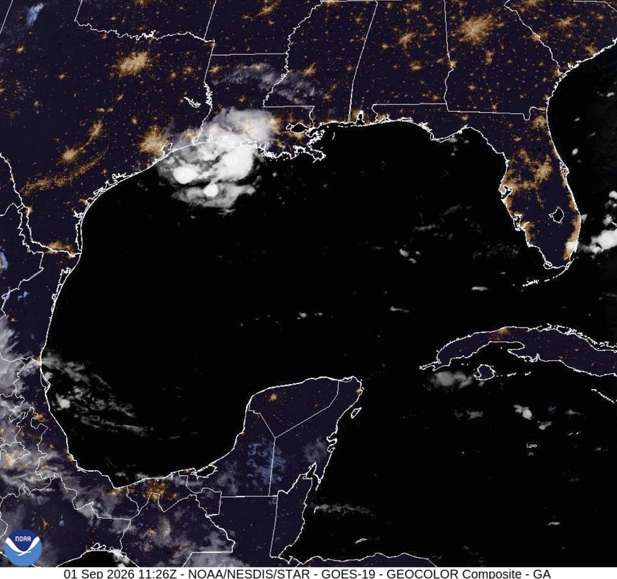 This satellite image from the National Oceanic and Atmospheric Administration taken shows Tropical Storm Edouard heading toward the Gulf Coast, Tuesday, Sept. 1, 2026. (NOAA via AP)