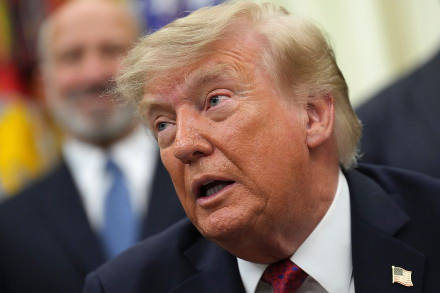 President Donald Trump speaks in the Oval Office of the White House, Monday, Aug. 31, 2026, in Washington. (AP Photo/Jacquelyn Martin)