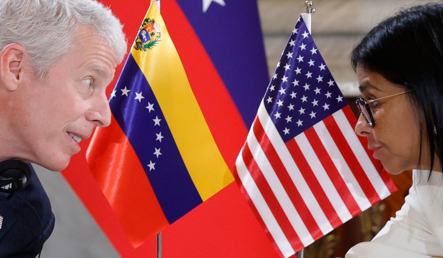 U.S. Energy Secretary Chris Wright, left, meets with Venezuelan acting President Delcy Rodriguez at Miraflores presidential palace in Caracas, Venezuela, Wednesday, Sept. 2, 2026. (AP Photo/Pedro Mattey)