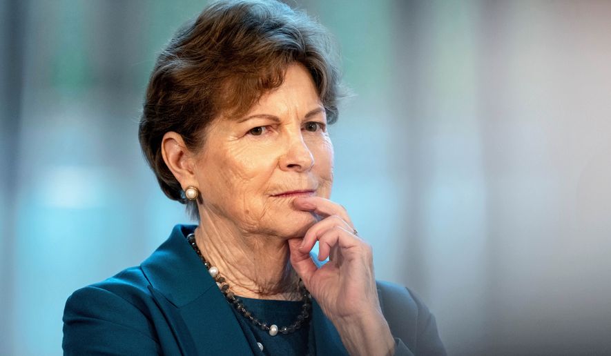 FILE - U.S. Sen. Jeanne Shaheen, D-N.H., looks on during a press conference with the American delegation, consisting of senators and members of the House of Representatives, in Copenhagen, Denmark, Saturday, Jan. 17, 2026. (Ida Marie Odgaard/Ritzau Scanpix via AP, File)