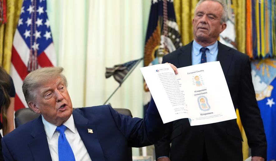FILE - President Donald Trump holds up an image taken from his Truth Social account as Health and Human Services Secretary Robert F. Kennedy Jr. watches during a meeting to sign an executive order about vaccines, Monday, Aug. 10, 2026, in the Oval Office of the White House in Washington. (AP Photo/Jacquelyn Martin, File)