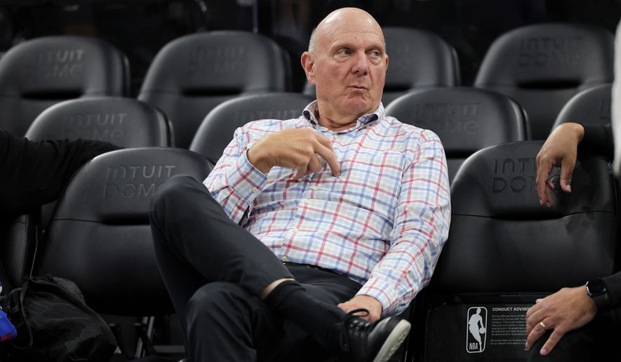 Los Angeles Clippers owner Steve Ballmer sits on the sideline before an NBA basketball game against the Chicago Bulls on March 13, 2026, in Inglewood, Calif. (AP Photo/Ryan Sun) **FILE**