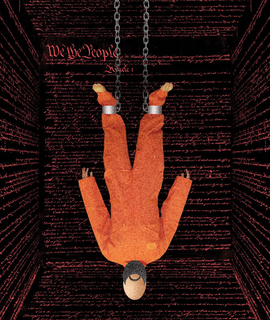 Torture of prisoners and the U.S. Constitution illustration by Alexander Hunter/The Washington Times