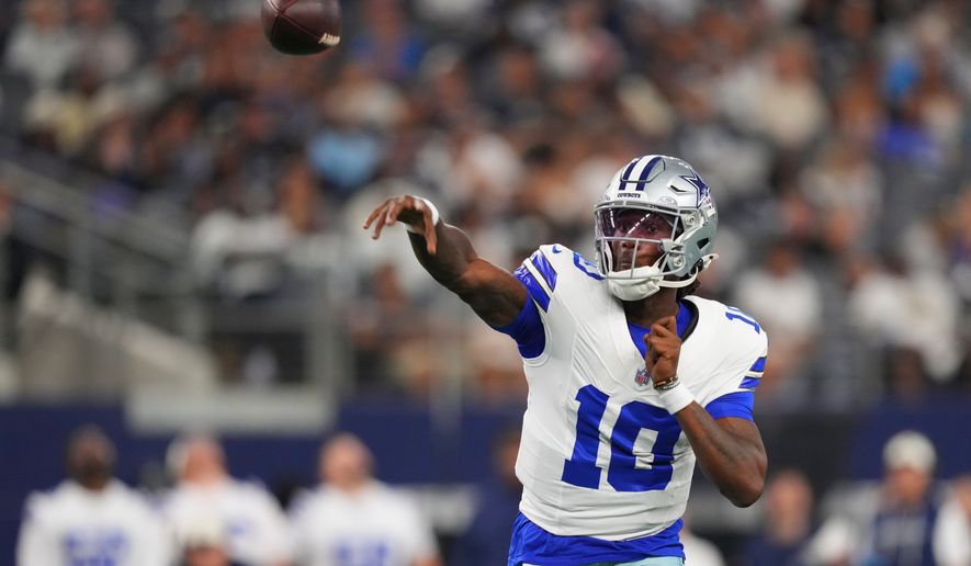 Dallas Cowboys quarterback Joe Milton III (10) throws against the New Orleans Saints during the first half of a preseason NFL football game, in Arlington, Texas, Friday, Aug. 28, 2026. (AP Photo/Julio Cortez)