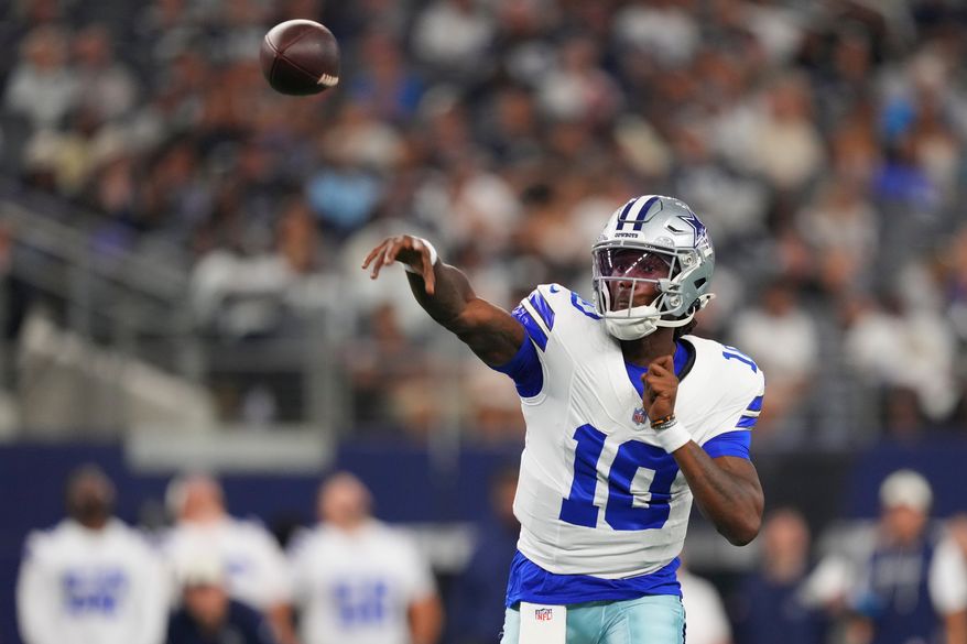 Dallas Cowboys quarterback Joe Milton III (10) throws against the New Orleans Saints during the first half of a preseason NFL football game, in Arlington, Texas, Friday, Aug. 28, 2026. (AP Photo/Julio Cortez)