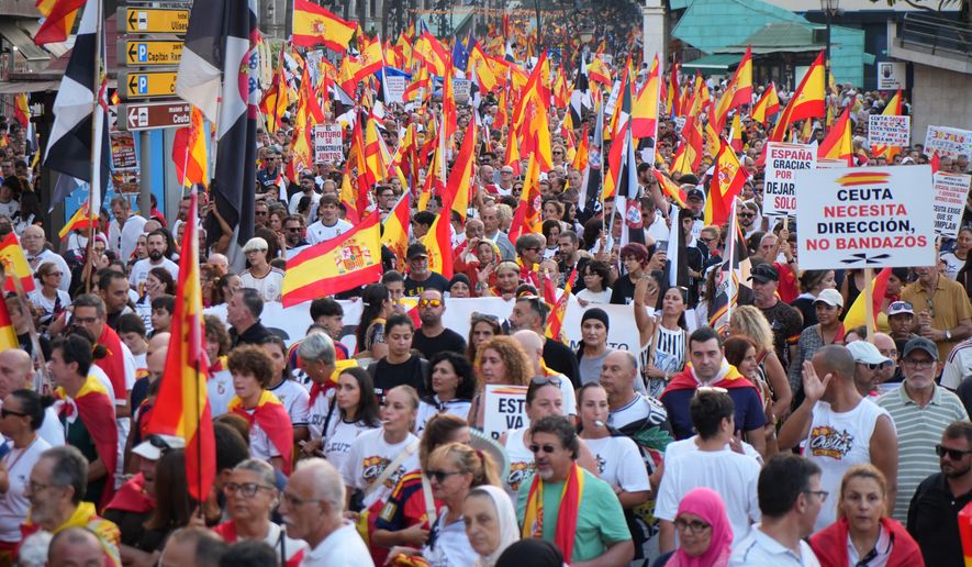 Protesters march in support of Ceuta to mark the city's anniversary in the Spanish exclave of Ceuta, Wednesday, Sept. 2, 2026. (AP Photo/Francis González)
