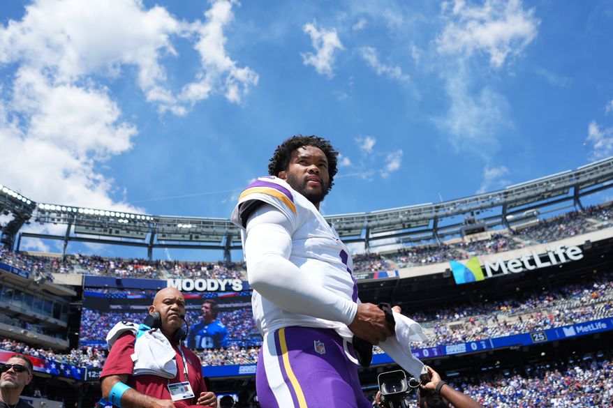 Minnesota Vikings quarterback Kyler Murray (1) waits for the start of a preseason NFL football game against the New York Giants Saturday, Aug. 15, 2026, in East Rutherford, N.J. (AP Photo/Frank Franklin II)