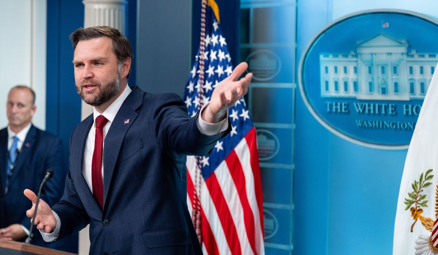 Vice President JD Vance speaks with reporters in the James Brady Press Briefing Room at the White House, Thursday, July 23, 2026, in Washington. (AP Photo/Alex Brandon)
