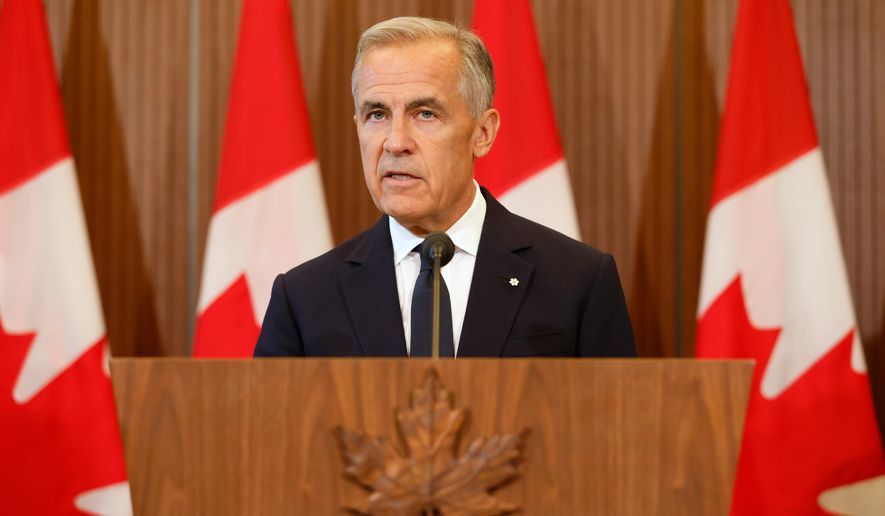 Prime Minister Mark Carney speaks about Canada's response to new U.S. tariffs during a news conference on Parliament Hill in Ottawa on Saturday, Aug. 22, 2026. (Patrick Doyle/The Canadian Press via AP)