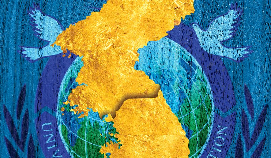 The Family Federation for World Peace and Unification's Universal Peace Federation and reuniting North and South Korea illustration by Alexander Hunter/The Washington Times