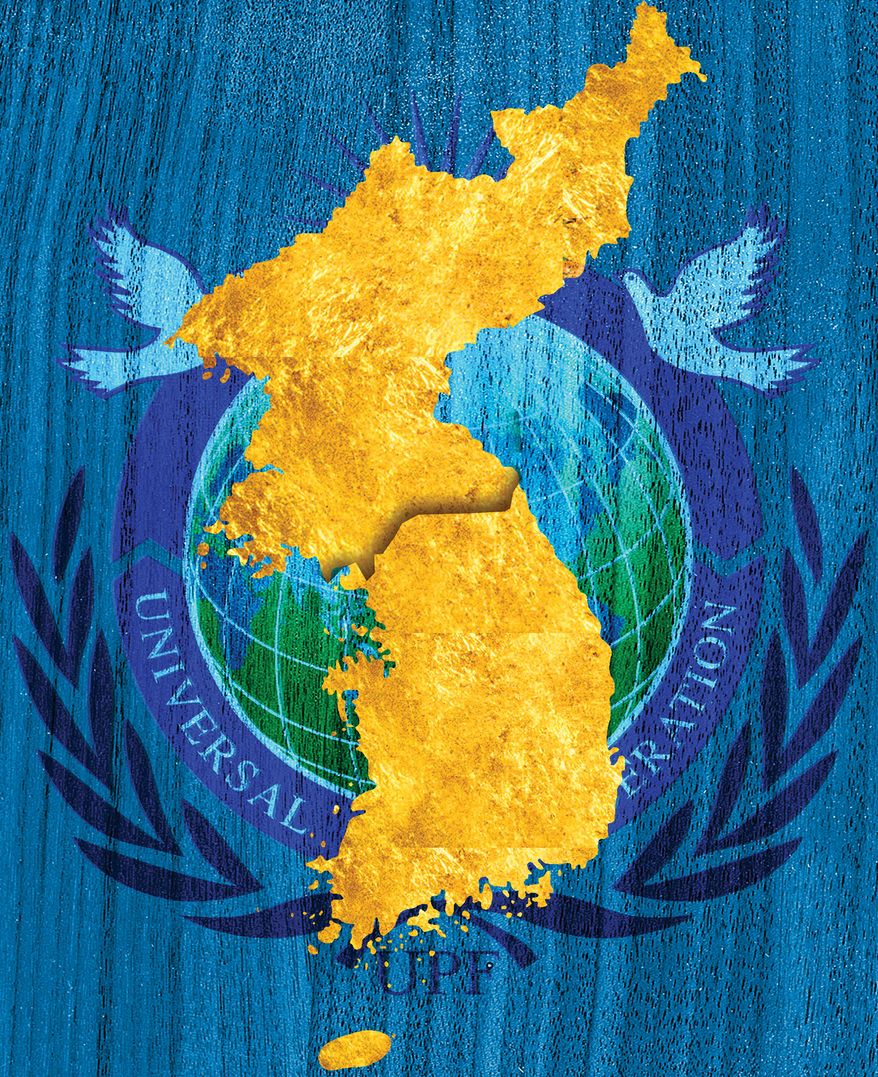 The Family Federation for World Peace and Unification's Universal Peace Federation and reuniting North and South Korea illustration by Alexander Hunter/The Washington Times