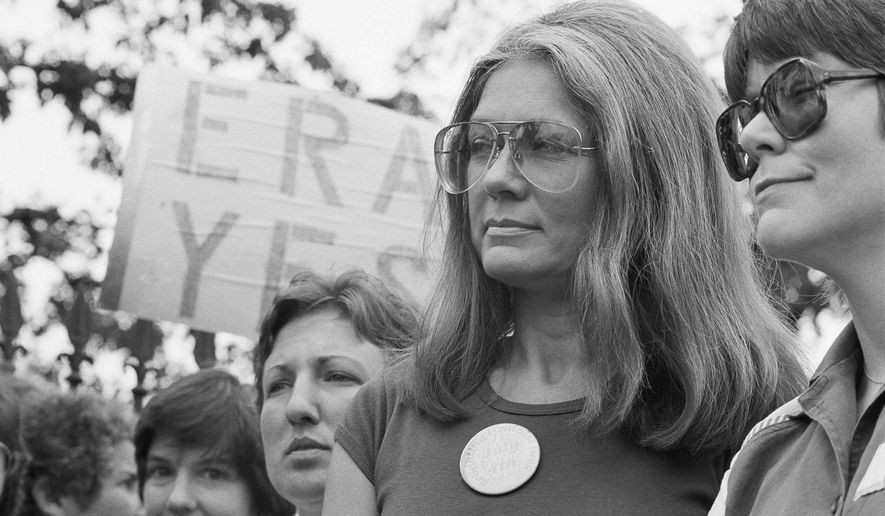 FILE - Gloria Steinem of the National Organization for Women attends an Equal Rights Amendment rally outside the White House on July 4, 1981, in Washington.(AP Photo/Scott Applewhite, File)
