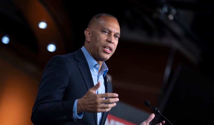 House Minority Leader Hakeem Jeffries, D-N.Y., discusses the war with Iran and the cost of living as he speaks to reporters at the Capitol in Washington, Monday, Aug. 31, 2026. (AP Photo/J. Scott Applewhite) ** FILE **
