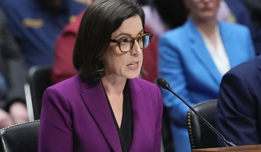 Former Justice Department attorney Liz Oyer participates in a hearing on the Justice Department on Capitol Hill in Washington, April 7, 2025. (AP Photo/J. Scott Applewhite, File)