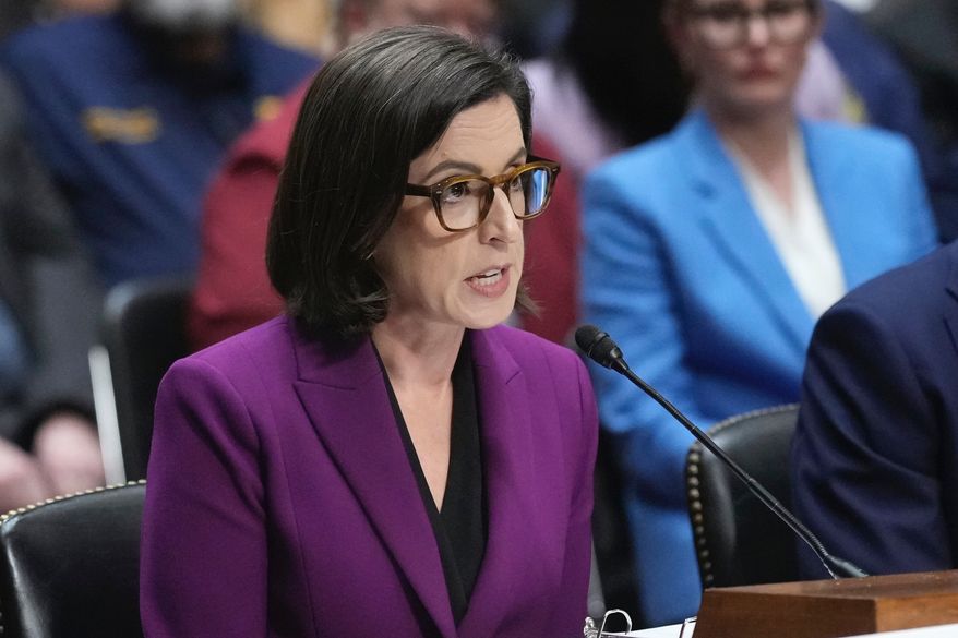 Former Justice Department attorney Liz Oyer participates in a hearing on the Justice Department on Capitol Hill in Washington, April 7, 2025. (AP Photo/J. Scott Applewhite, File)