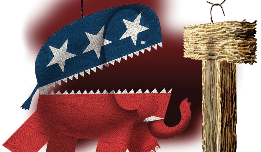 Republican elites and President Donald Trump illustration by Alexander Hunter/The Washington Times