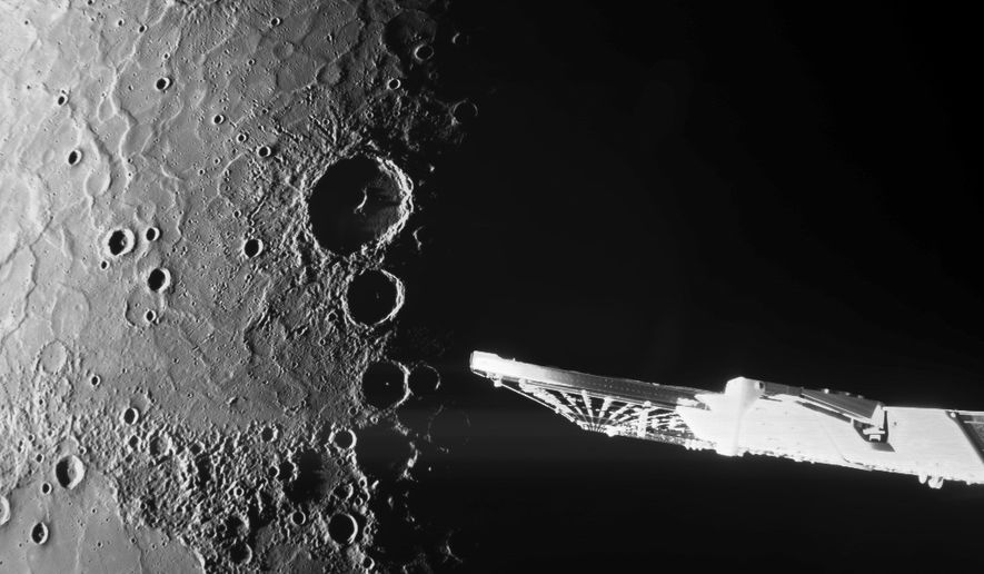 FILE - This undated image provided by the European Space Agency shows close-up photos of Mercury's north pole captured by the European-Japanese spacecraft BepiColombo. (ESA via AP, File)