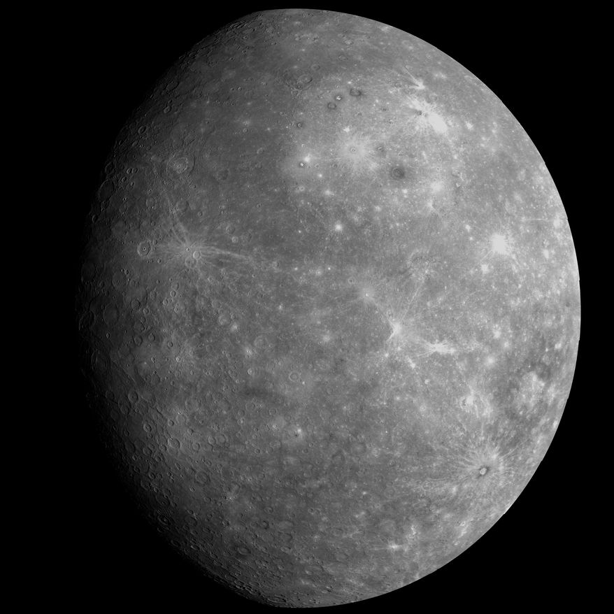 This composite image provided by NASA/Johns Hopkins University Applied Physics Laboratory/Carnegie Institution of Washington on Oct. 22, 2013, shows Mercury as it appeared to the Messenger spacecraft following a flyby of the planet. (NASA/Johns Hopkins University Applied Physics Laboratory/Carnegie Institution of Washington via AP)