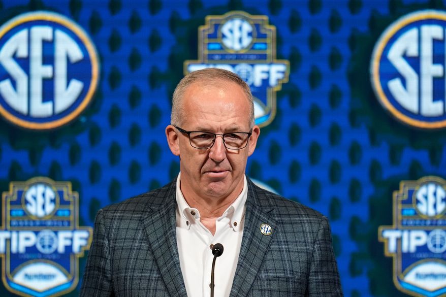 FILE - Greg Sankey, commissioner of the Southeastern Conference, speaks during NCAA college basketball women's SEC Media Day, Oct. 16, 2024, in Birmingham, Ala. (AP Photo/Mike Stewart, File)