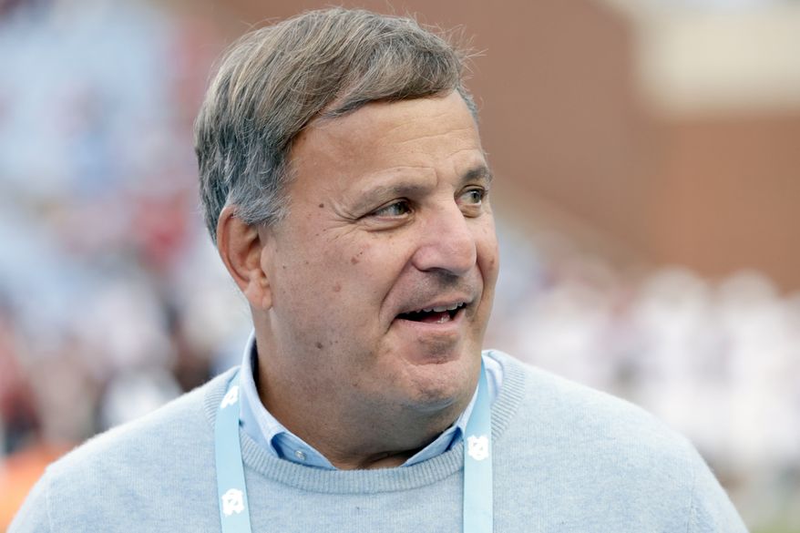 North Carolina general manager Michael Lombardi on the sidelines before an NCAA college football game Saturday, against Stanford, Nov. 8, 2025, in Chapel Hill, N.C. (AP Photo/Chris Seward,File)