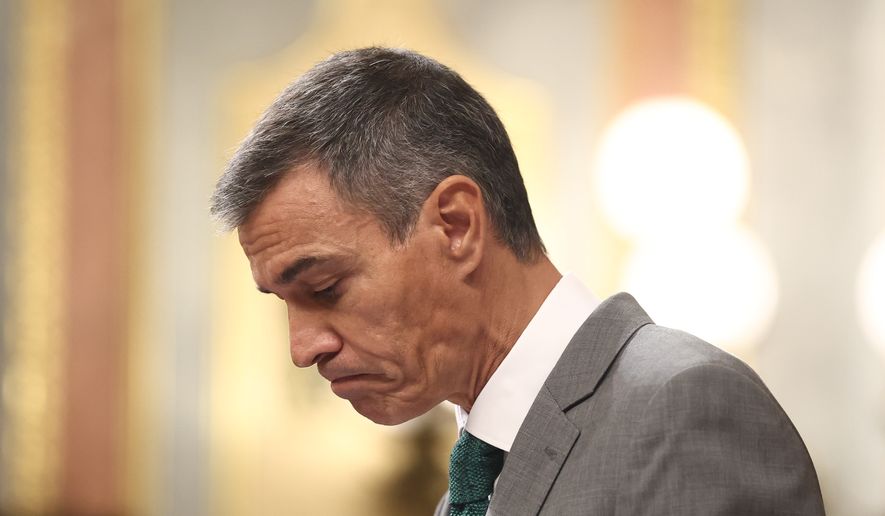 Spanish Prime Minister Pedro Sánchez addresses lawmakers about the situation in Ceuta, the Spanish exclave in North Africa facing a migrant crisis, during a session of Parliament in Madrid, Thursday, Sept. 3, 2026. (Fernando Sánchez/Europa Press via AP)