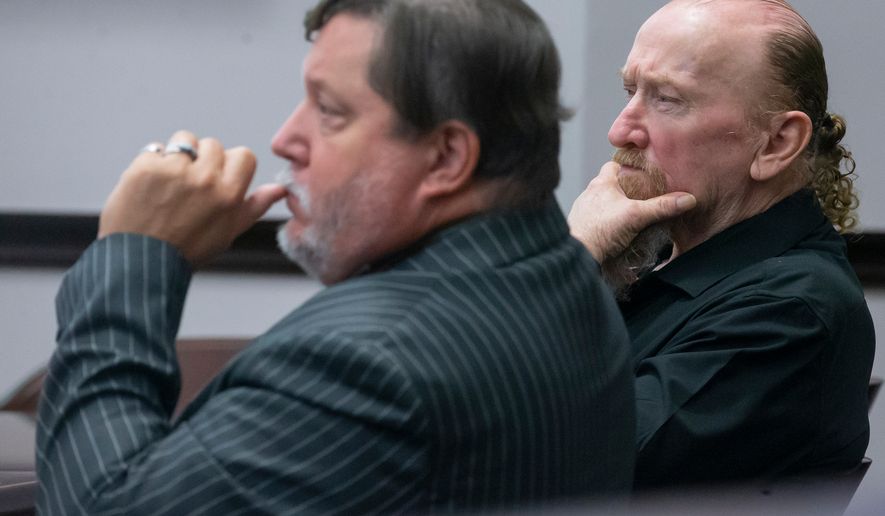 Defendant James Dolphs Elmore Jr., right, sits with his attorney, William Agnew, while listening to witness testimony during his trial in Galveston, Texas, Tuesday, Sept. 1, 2026. (Stuart Villanueva/The Galveston County Daily News via AP, Pool)