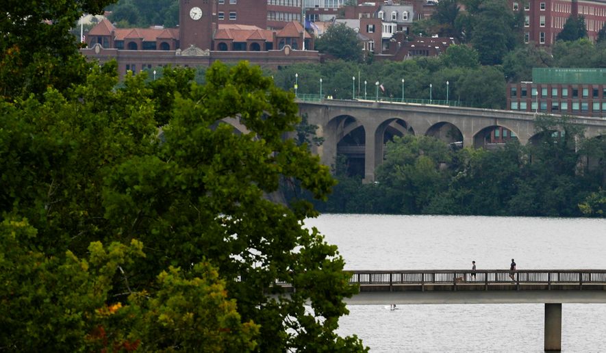 People cross a pedestrian bridge from Roosevelt Island Park, Sunday, Aug. 30, 2026, in Washington. (AP Photo/Julia Demaree Nikhinson)
