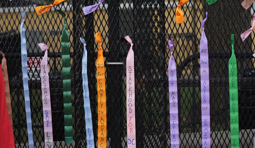 Protest ribbons are tied to a fence at Lafayette Park, near the White House, Tuesday, Aug. 25, 2026, in Washington. (AP Photo/Alex Brandon)